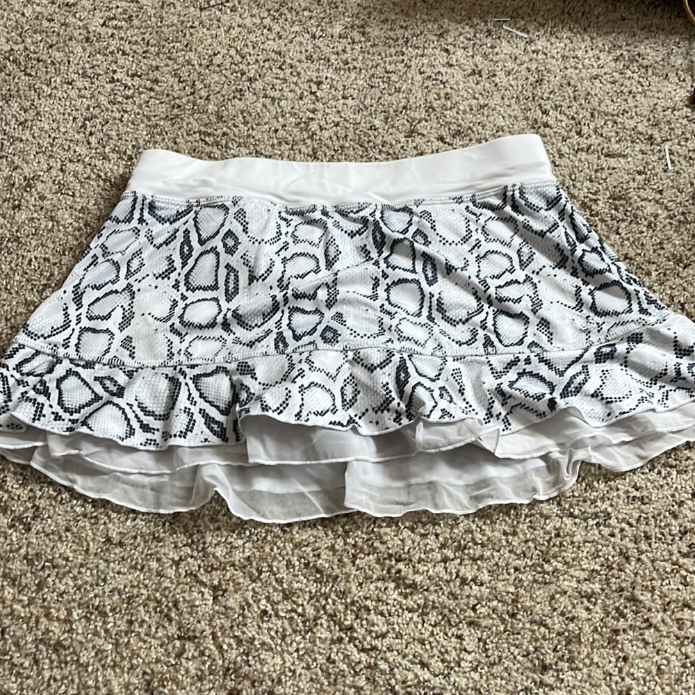 black and white snake print skirt with built in shorts and sheer layer